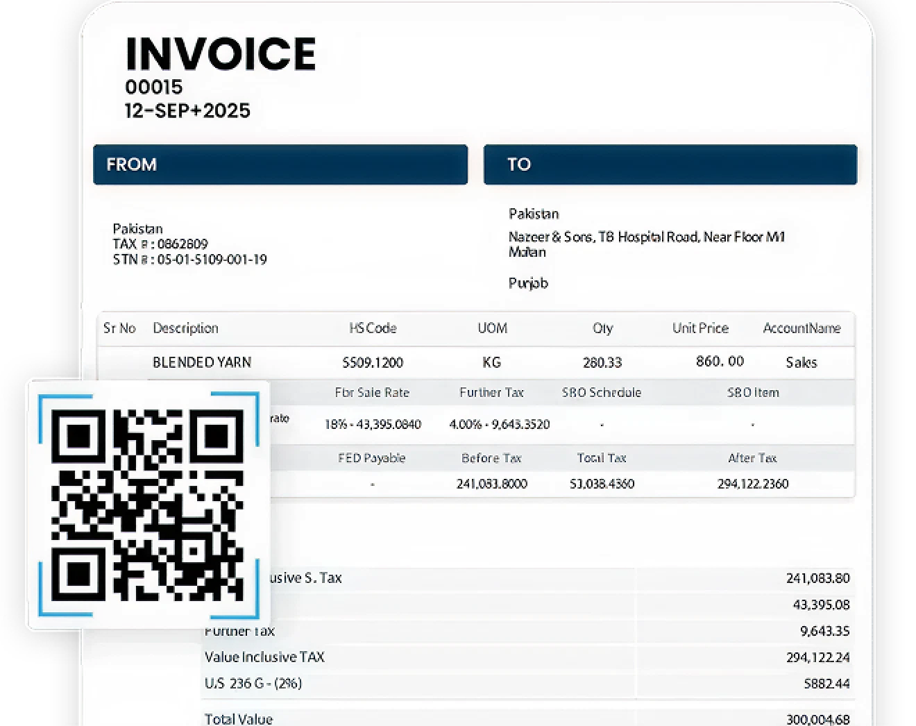 Sample FBR digital invoice with QR code